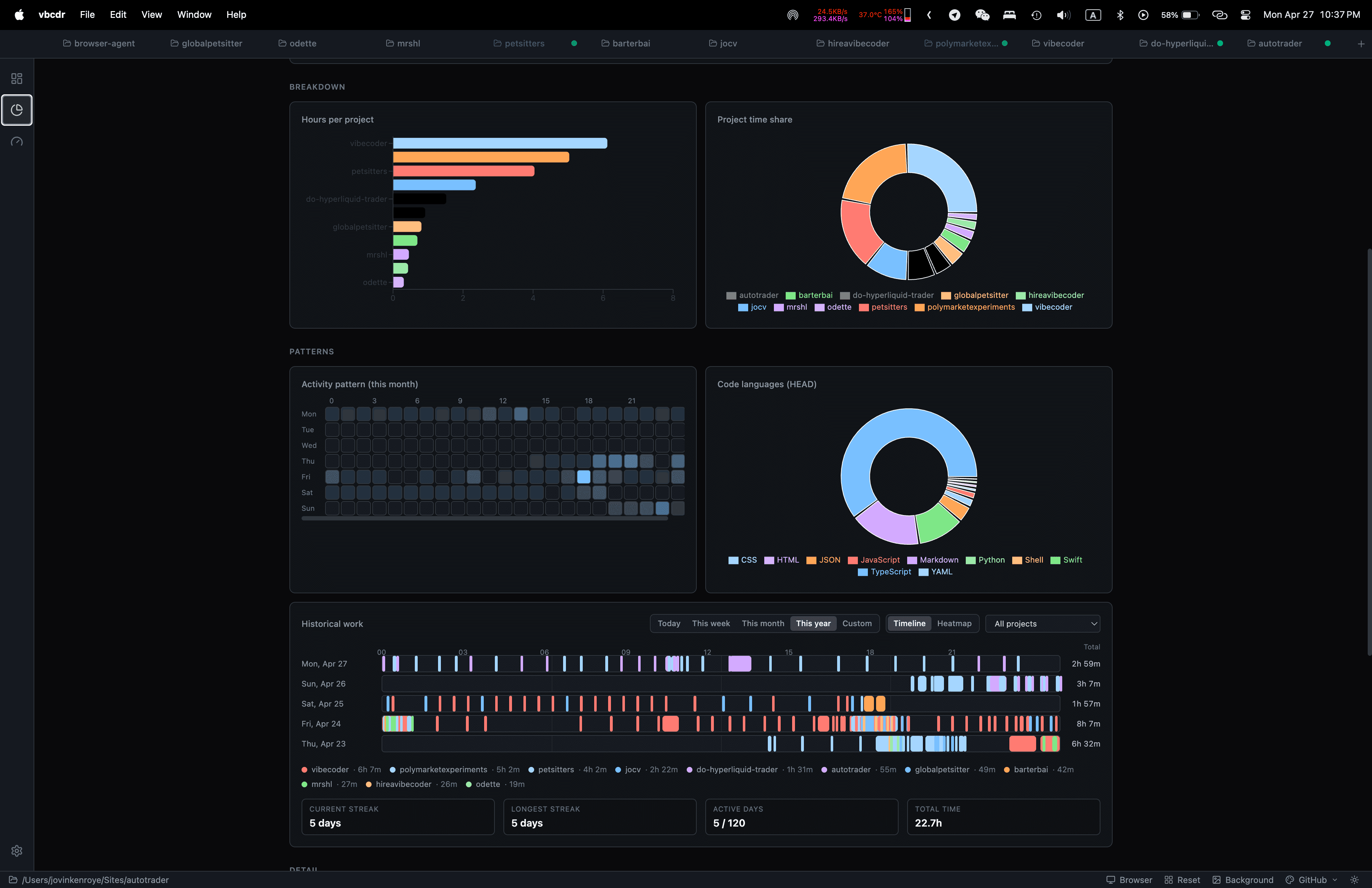 ViBeCoDeR analytics dashboard showing token usage, time per project, activity patterns, and historical work