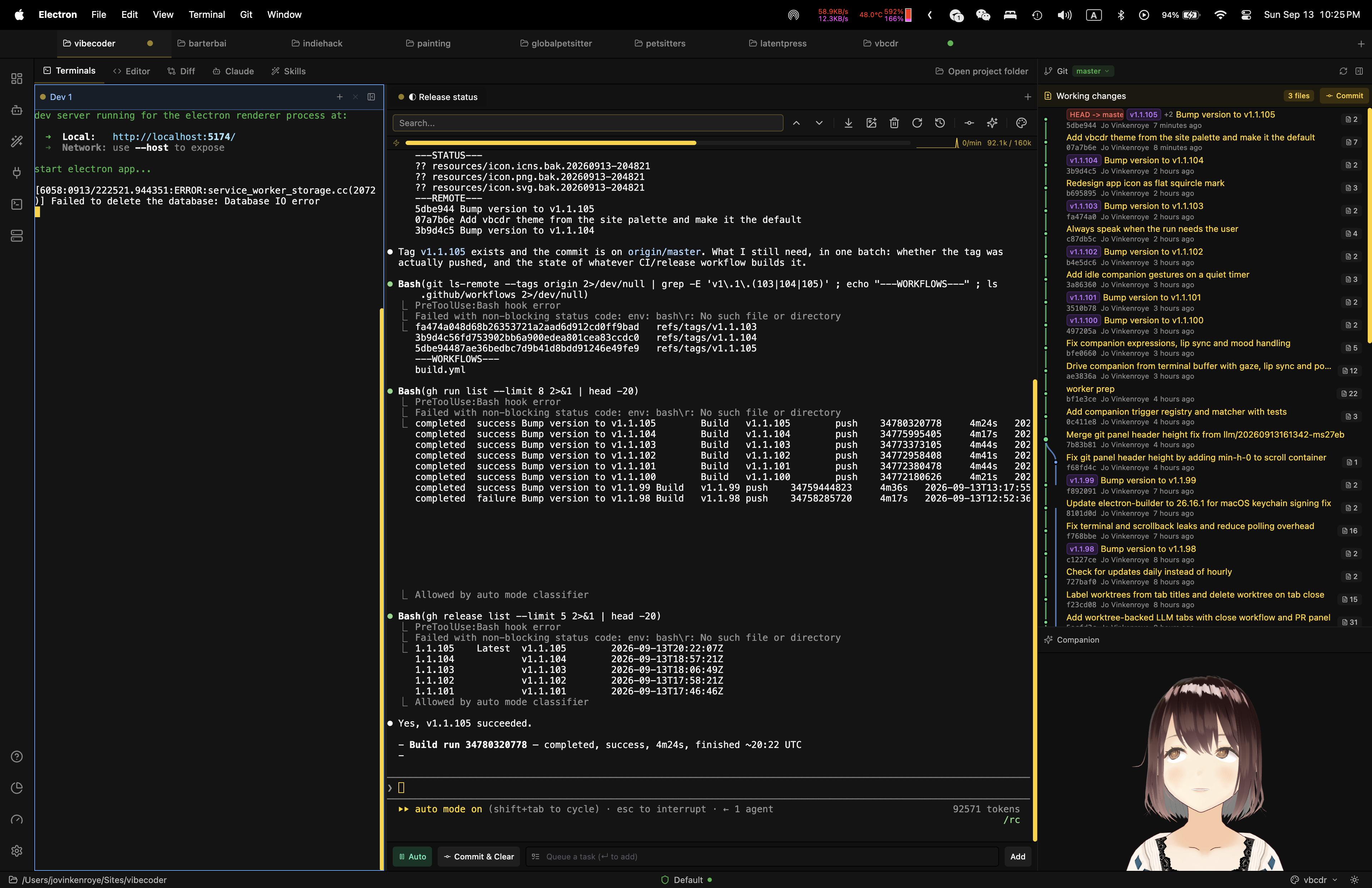 The vbcdr workspace: eight project tabs, a dev terminal and a TUI coding agent session side by side, the git commit graph with working changes, and a live token counter